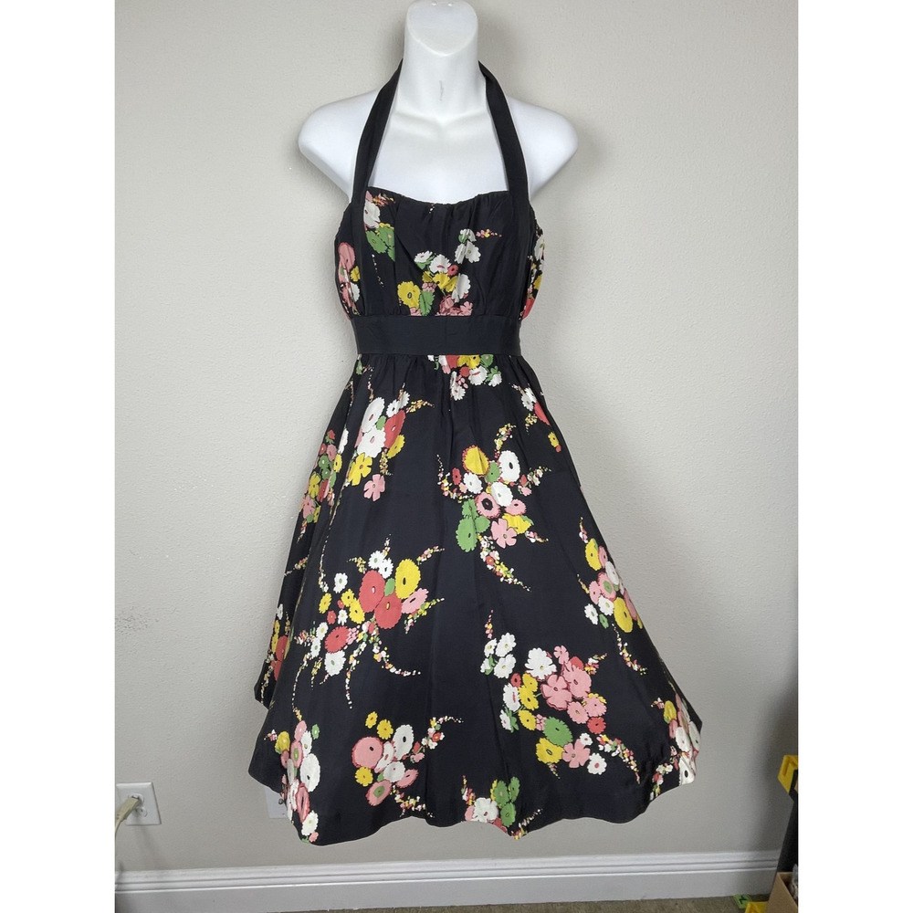 Moulinette Soeurs Silk Halter‎ Mini Dress Size 2 Black Floral Coquette Fairycore